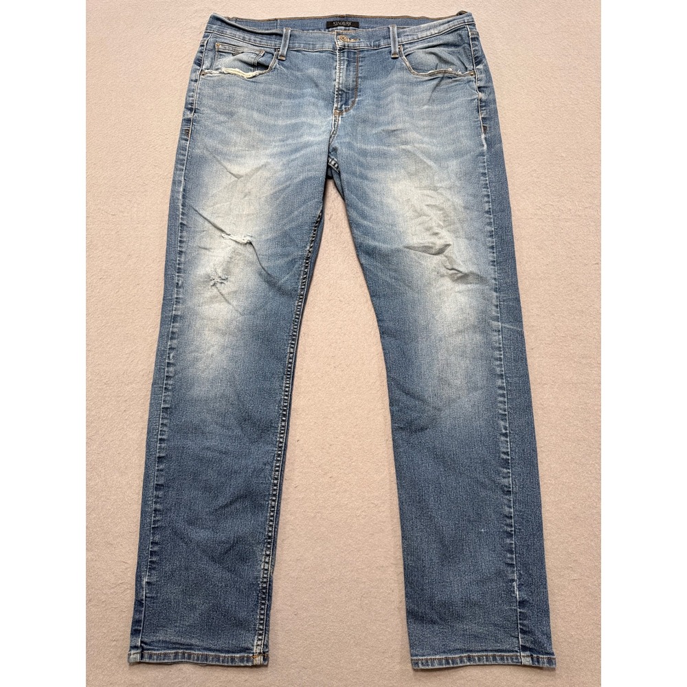 Guess Jeans Men's 38x32 Blue Denim Medium Wash Straight Leg Mid Rise Distressed‎